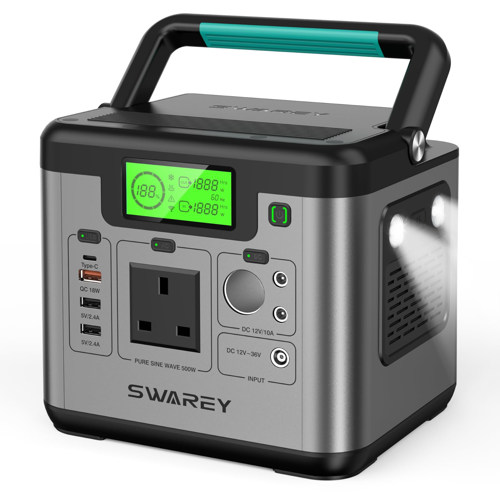 Swarey Portable Power Station S500, 518Wh Solar Generator With 500W (Peak 1000W) Pure Sine Wave Ac, 65W Usb-C Fast Charging, Emergency Power Supply For Outdoor Camping Rv Home