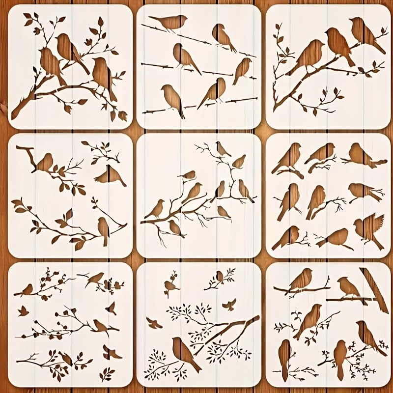 9Pcs Bird Art Stencil Set, Stencils for Crafts Reusable with Hollow Bird Patterns, Stencils for Painting On Wood Paper Fabric, Journal Drawing Templates, Wall Art Design Stencil Collection