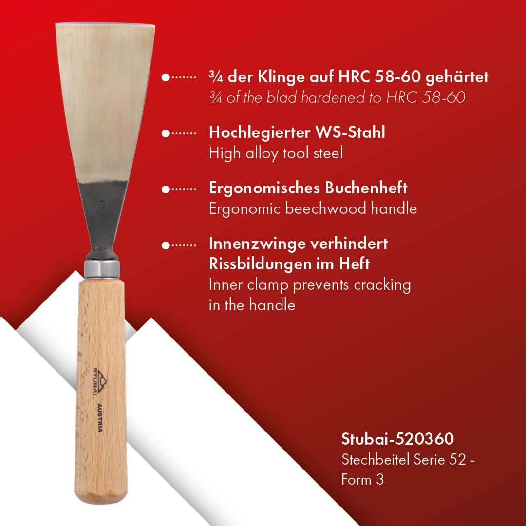 Stubai 520360 typ 3 z drewnianym uchwytem, dłuto do rzeźbienia w drewnie, złoty/beżowy, 60 mm