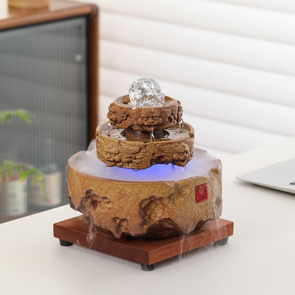 Tabletop Fountains Ceramic Running Water Ornament Meditation Indoor Fountain Relaxation Circulating Water Relaxation Fountains(Yellow)