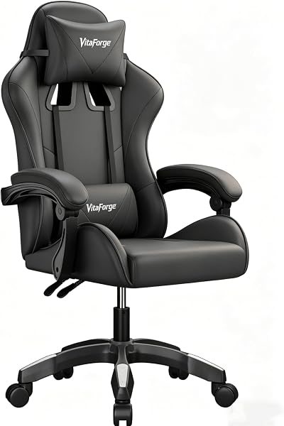 VitaForge Silla Gaming, Silla de Oficina Ergonómica con Altura Ajustable, Soporte Lumbar y Reposacabezas - Cuero PU, para Oficina o Juegos Negro. (Negro Puro, Curvo)