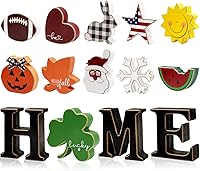 Medoore Interchangeable Wooden HOME Table Signs with 11 Seasonal Icons - Farmhouse Holiday Centerpiece Decor
