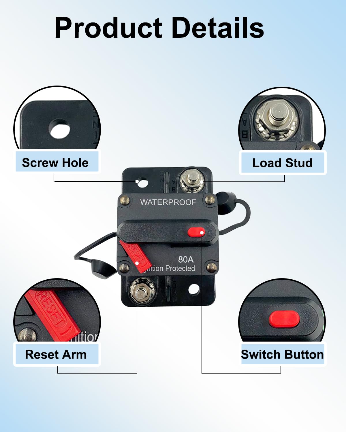 Disyuntor con Reinicio Manual 80 A,12 V-48 V, Impermeable para Motor y Audio Marino