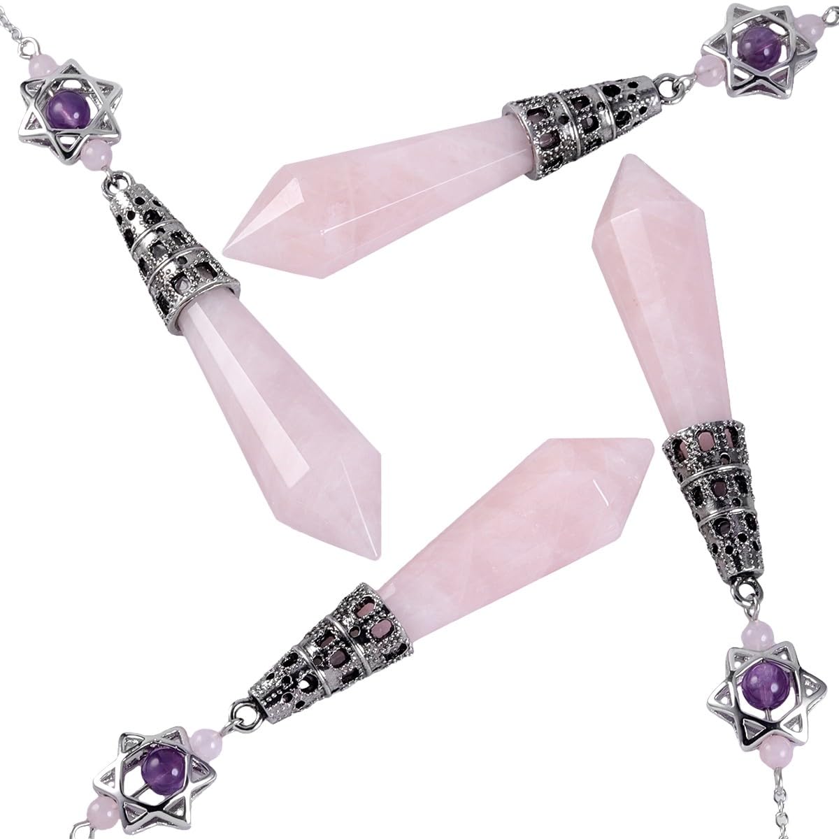 mookaitedecor Natural Rose Quartz Crystal Divination Dowsing Pendulum Faceted Pink Crystal Point Pendulum with Merkaba Star Dream Catcher Reiki Healing Crystal Witchcraft Wiccan Supplies Decor Gift - Image 3