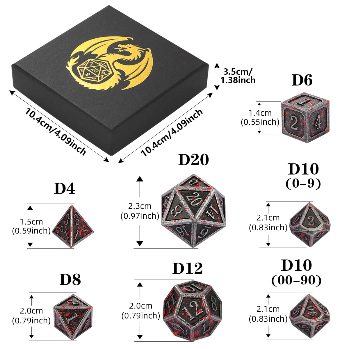 Set di Dadi in Metallo D&D, 7 pezzi di Dadi Poliedrici in Metallo, Accessori per Giochi di Ruolo, Regali DND con Scatola Regalo, D20, D12, 2 D10 (00-90 e 0-9), D8, D6 e D4, Argento Macchiato di Sangue