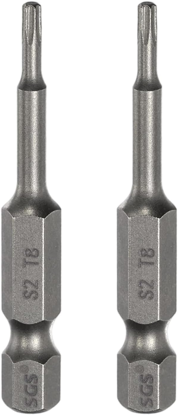 sourcing map 2pcs T8 Torx Head Screwdriver Bit 1/4" Hex Shank 2" (50mm) Long Magnetic No Hole Tip Tamper Proof 6 Point Star Screw Driver Drill Bits S2 Steel Industrial Power Screwdrivers
