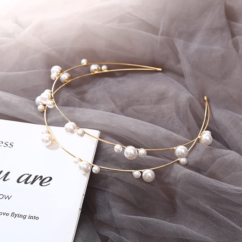 Double Layer Pearl Beaded Headbands Hair Hoops Bridal Hairbands Wedding Hair Accessories Fashion Elegant Pearl Headbands for Women Girls (Gold) - Image 2