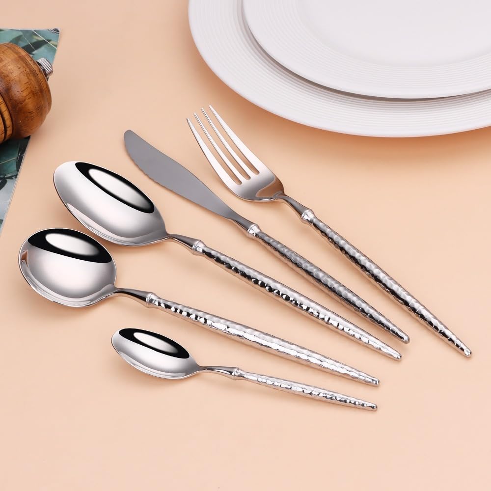 Juego de Cubiertos, Juego de Cubiertos de Acero Inoxidable, plástico Transparente, Juego de Cuchara, Cuchillo y Tenedor, Mango sólido Martillado/Brillante, Cubiertos de Acero Inoxidable, vajilla,