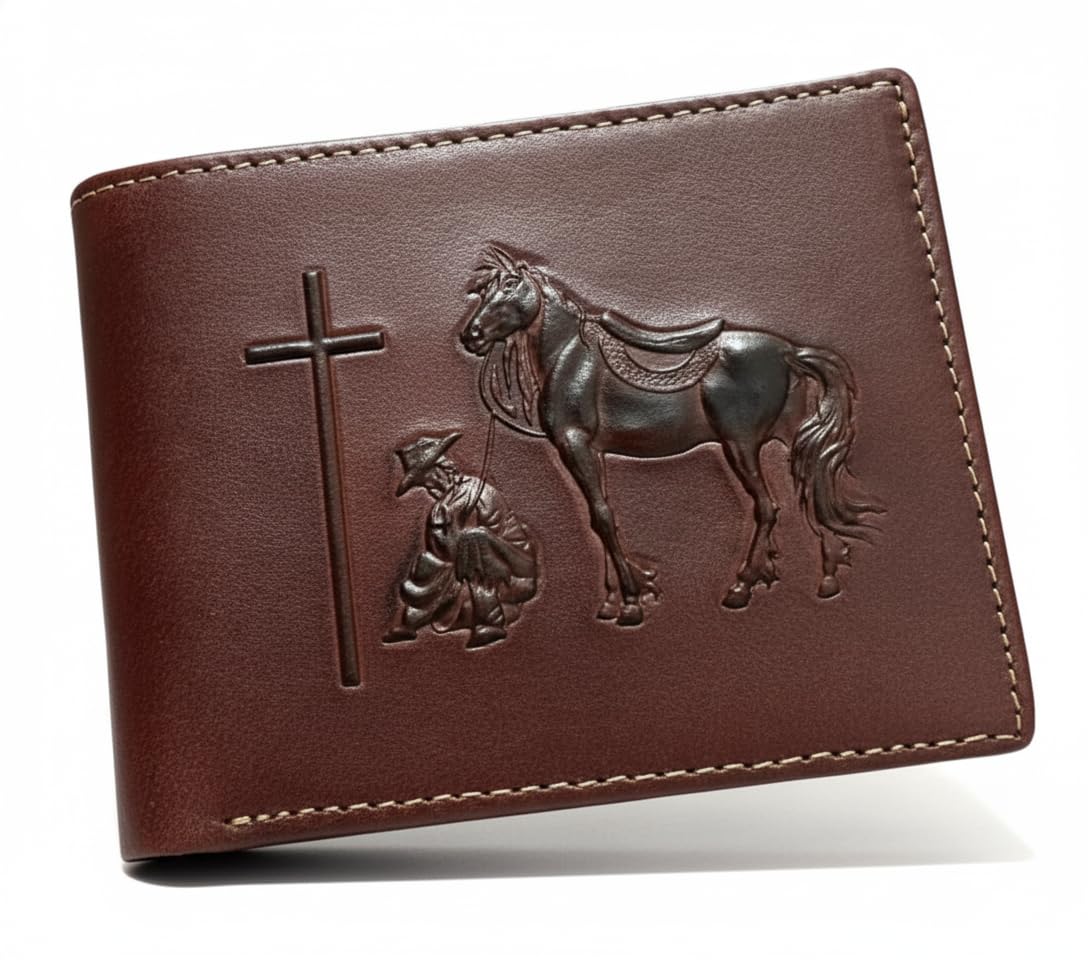 Minimalist Leather Wallet for Men – Embossed Cowboy Praying at Cross – Slim Bifold Western Wallet, Brown, Western Wallet