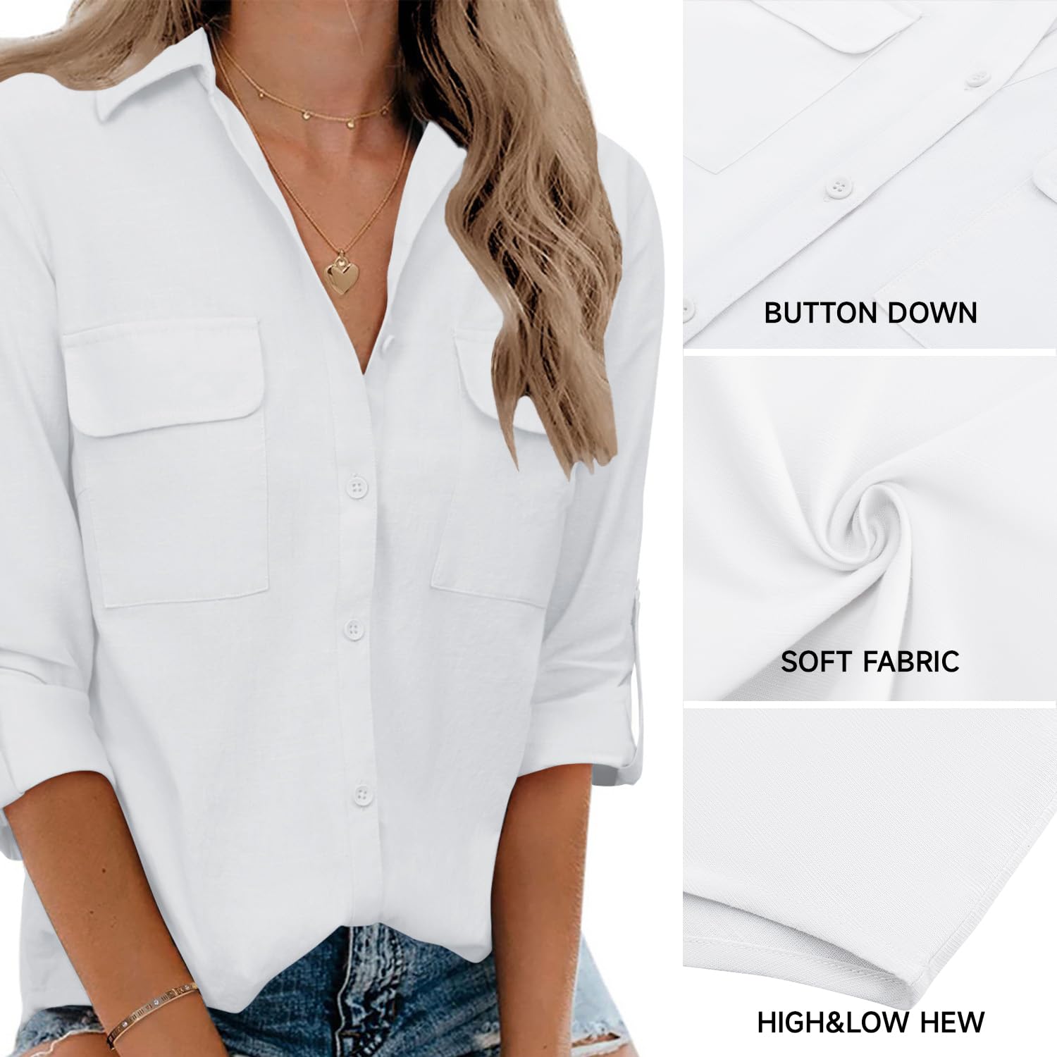 Friptspyg Mussola Camicetta Camicie Manica Lunga Donna Scollo A V 100% Cotone Camicia Top Top con Due Tasche
