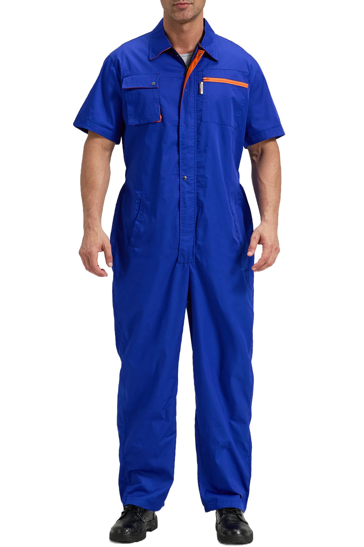 Męski zamek błyskawiczny z przodu kombinezon boilersuit ochronny odzież robocza kombinezony krótkie rękawy bojler garnitur z elastyczną talią wytrzymały funkcjonalny pokrowiec kontrastowy kolor, szary/królewski błękit