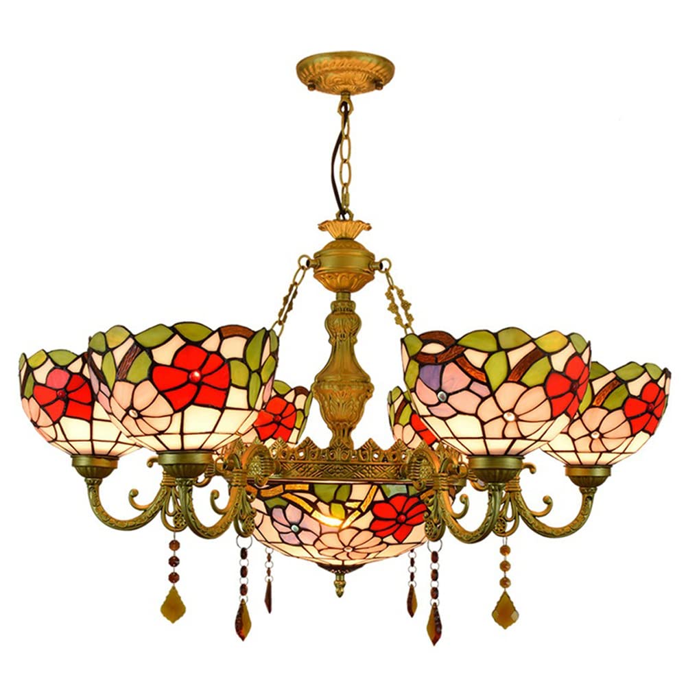 FYZDLAOR 6+1-Light Chandelier,with Morning Glory Pattern Lampshade Pendant Light Light Fixtures,Tiffanystyle Stained Glass Hanging Light Wide 32 Inch with Crystal Pendant