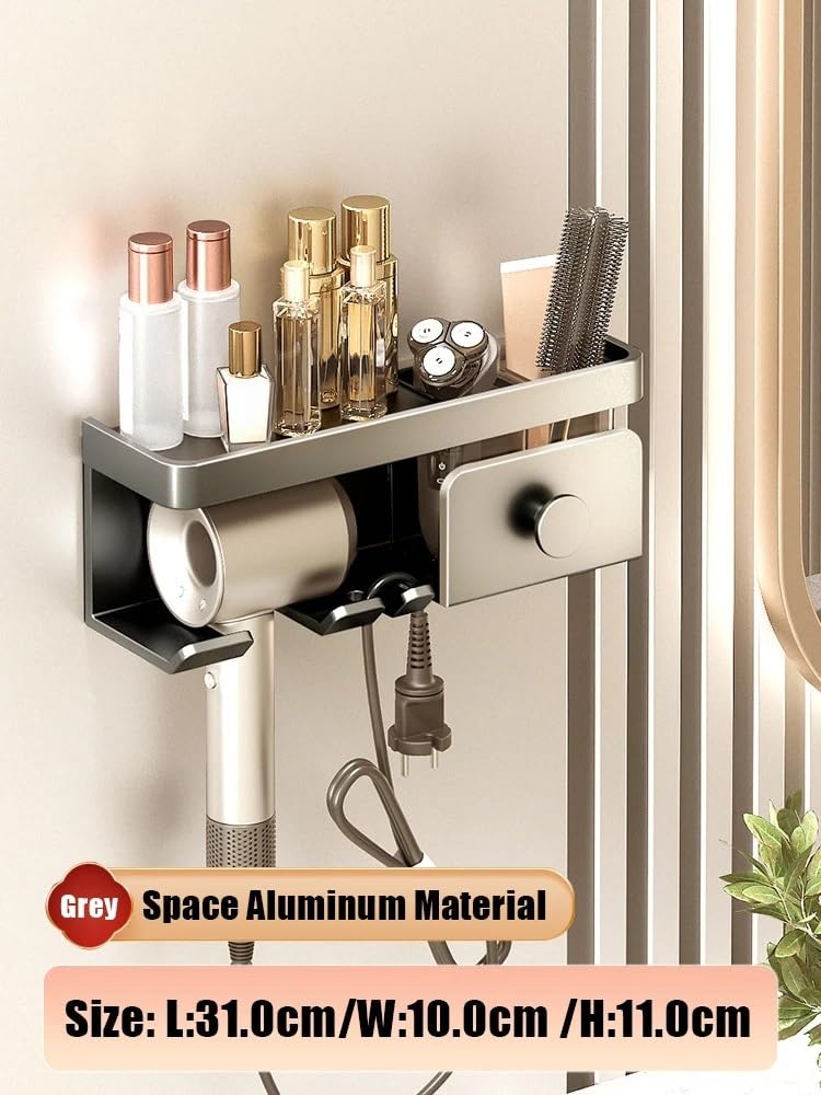 Soporte para Secador de Pelo Soporte de secador de pelo de aleación de aluminio, organizador de almacenamiento for baño, estante de pared for baño, cuna for secador sin perforación ( Color : Grey 31cm