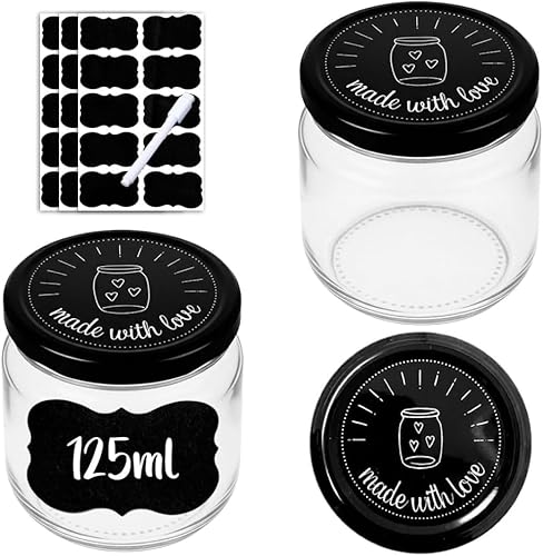 Générique Lot de 27 Pots à Confiture en Verre 125 ml avec Couvercles Made with Love, Étiquettes Noires et Stylo Inclus, pour Confitures Maison, Miel, Cadeaux Mariage