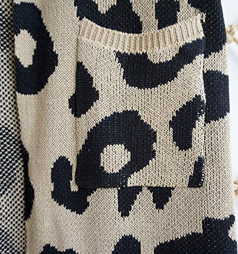 Angashion Women's Long Sleeves Leopard Print Knitting Cardigan Open Front Warm Sweater Outwear Coats with Pocket Khaki M