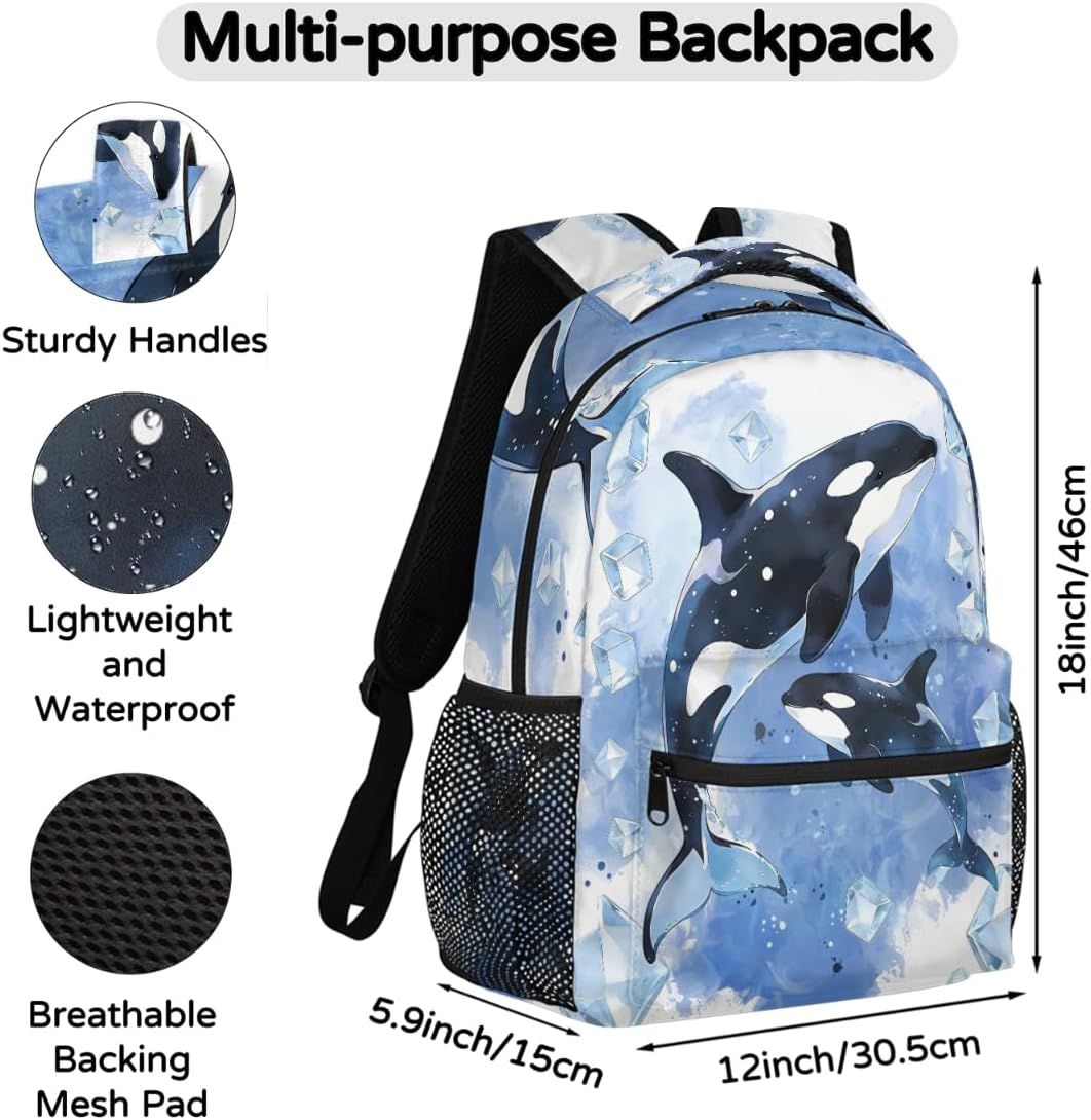 AUUXVA Kids Backpack Killer Whale School Shoulder Bag Ocean Watercolor Large Waterproof Durable Bookbag Laptop Daypack for Students Teens Girls Boys Elementary