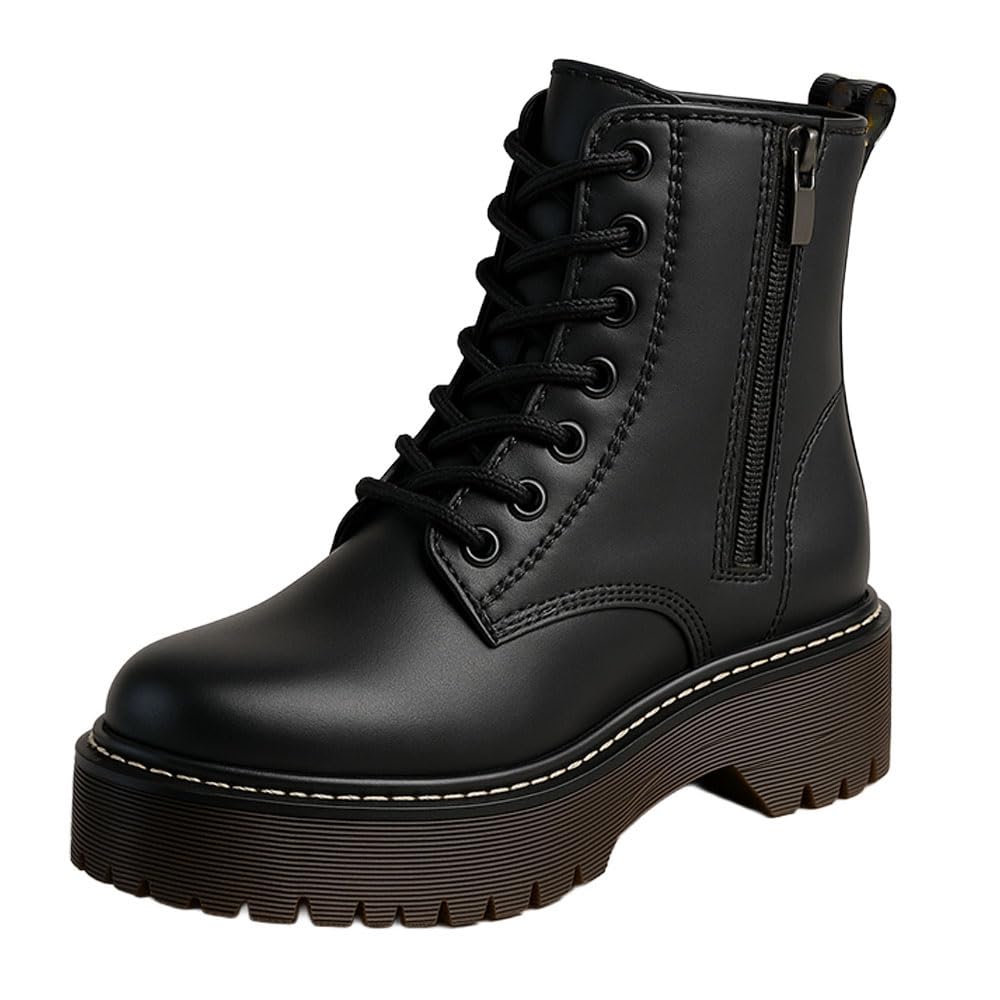 MARUKATSU Botas Negras Militares Estilo Punk con Plataforma Dentada y Cordones hasta la Parte Superior. Cierre con Cremallera. Botas para Mujer