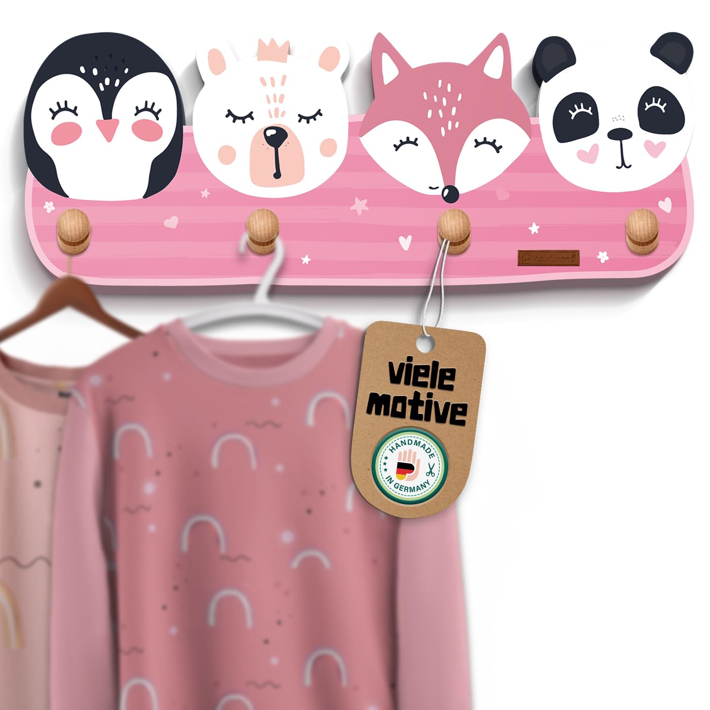 nordroom® Kindergarderobe mit 4 Haken - Wandgarderobe mit Tiermotiven für Kinderzimmer Garderobenhaken aus Holz - Kinder Wandhaken „smylå“, Kindermöbel Kleiderhaken aus Buche - Maße ca. 39 x 15 x 5cm