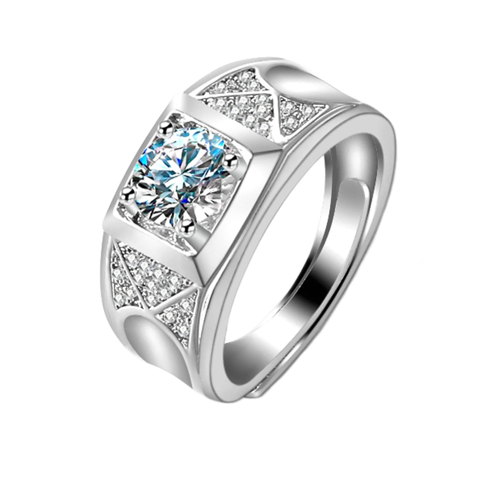 Daesar Pierścionki męskie białe złoto 18K 750, szeroki geometryczny pierścionek zaręczynowy regulowany okrągły diament syntetyczny 1ct i moissanit pierścionki męskie wesele białe złoto