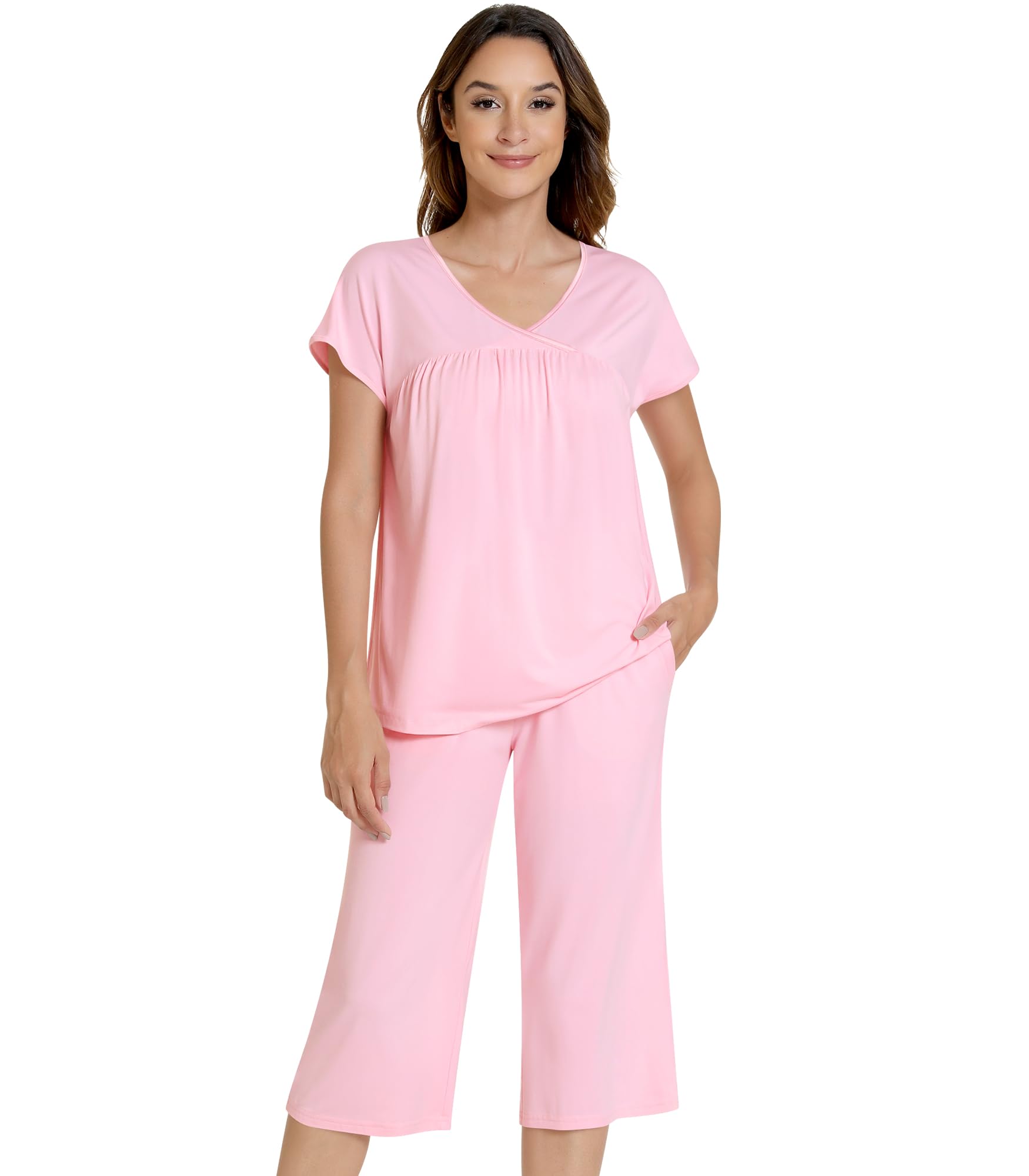 NACHILA Pajamas for Women-Viscose Made from Bamboo,Short Sleeve Sleepwear Cooling Pjs Top Ladies Soft Capri Pants Pajama Sets