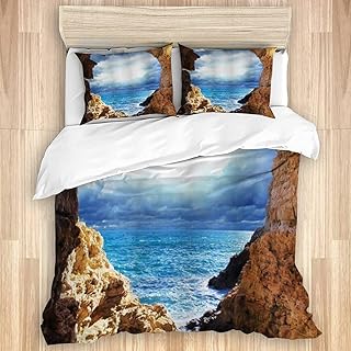 KOSALAER Ensemble de Housse de Couette en Coton lavé, Nuages ​​de mer, rochers de l'océan, Ciel de la Grotte, 3 pièces Ensemble de literie Doux de Luxe, Taille King