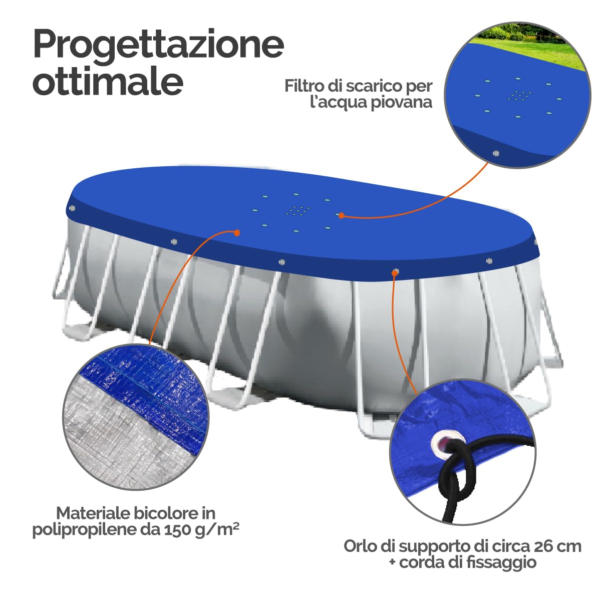 Linxor - Telo di protezione reversibile per piscina fuori terra, 4 stagioni - 150 g/m² - Blu e grigio