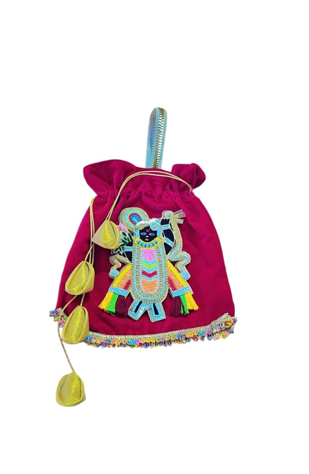 Embroidered Shrinathji Potli Bag for Women, Velvet Drawstring Pouch with Tassels & Beaded Trim, Traditional Indian Ethnic Potli Purse for Wedding, Festive, Party & Gift-image-31