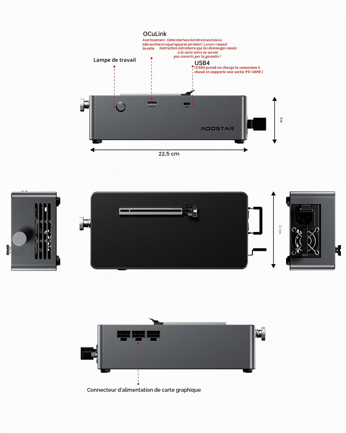AOOSTAR AG02 eGPU Station d'accueil avec connecteur Oculink, Dock carte graphique externe GPU, prise en charge USB4.0 alimentation arrière 100W, bloc d'alimentation 800W intégré, pour GPU jusqu'à 500W