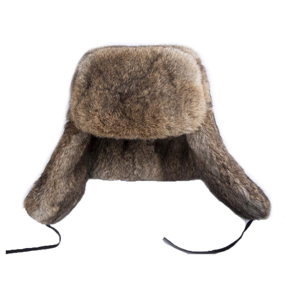Men Genuine Rabbit Hair Russian Ushanka Winter Hats Trapper Hat Ear Flaps Natural Brown