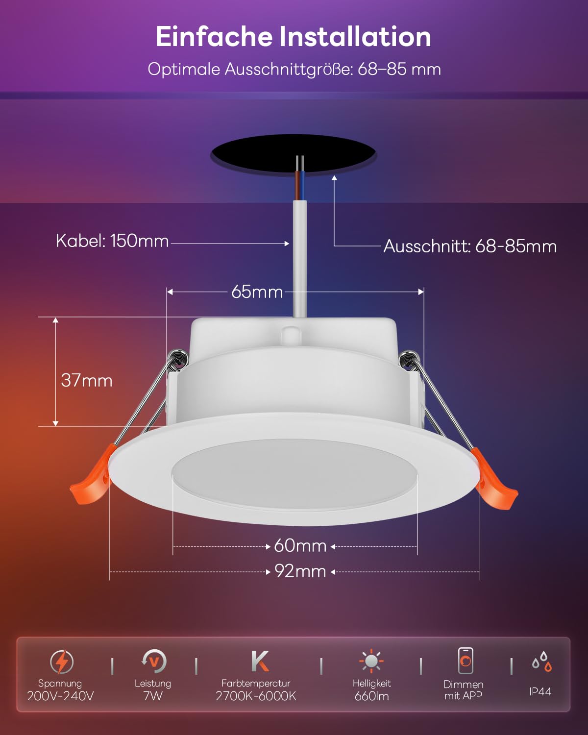 LED Einbaustrahler 230V RGB Alexa, Smart LED Spot Flach Bluetooth 7W 2700K-6000K, Einbaustrahler Dimmbar Farbig 6er Set, IP44 68mm Einbauleuchten APP Steuerung, Farben Spots Deckenspots