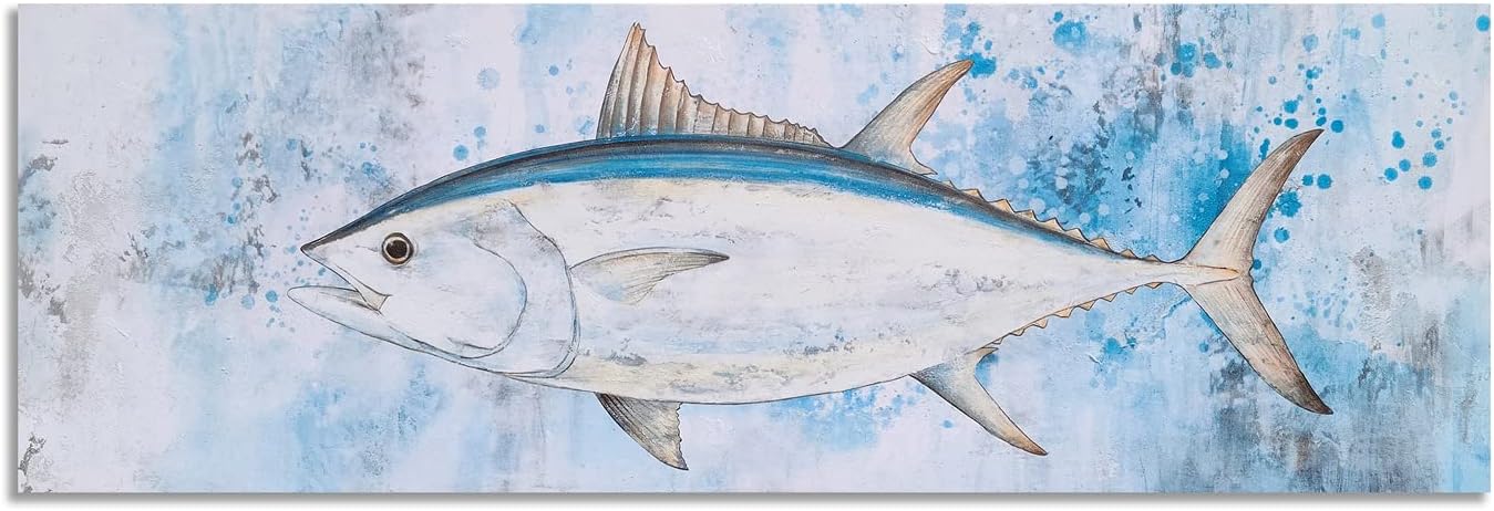 SYGALLERIER Tuna Fish Canvas Canvas Wall Art with Textured - Blue and White Coastal Pictures -Vintage Sea Animal Artwork for Living Room Bedroom Bathroom Decor