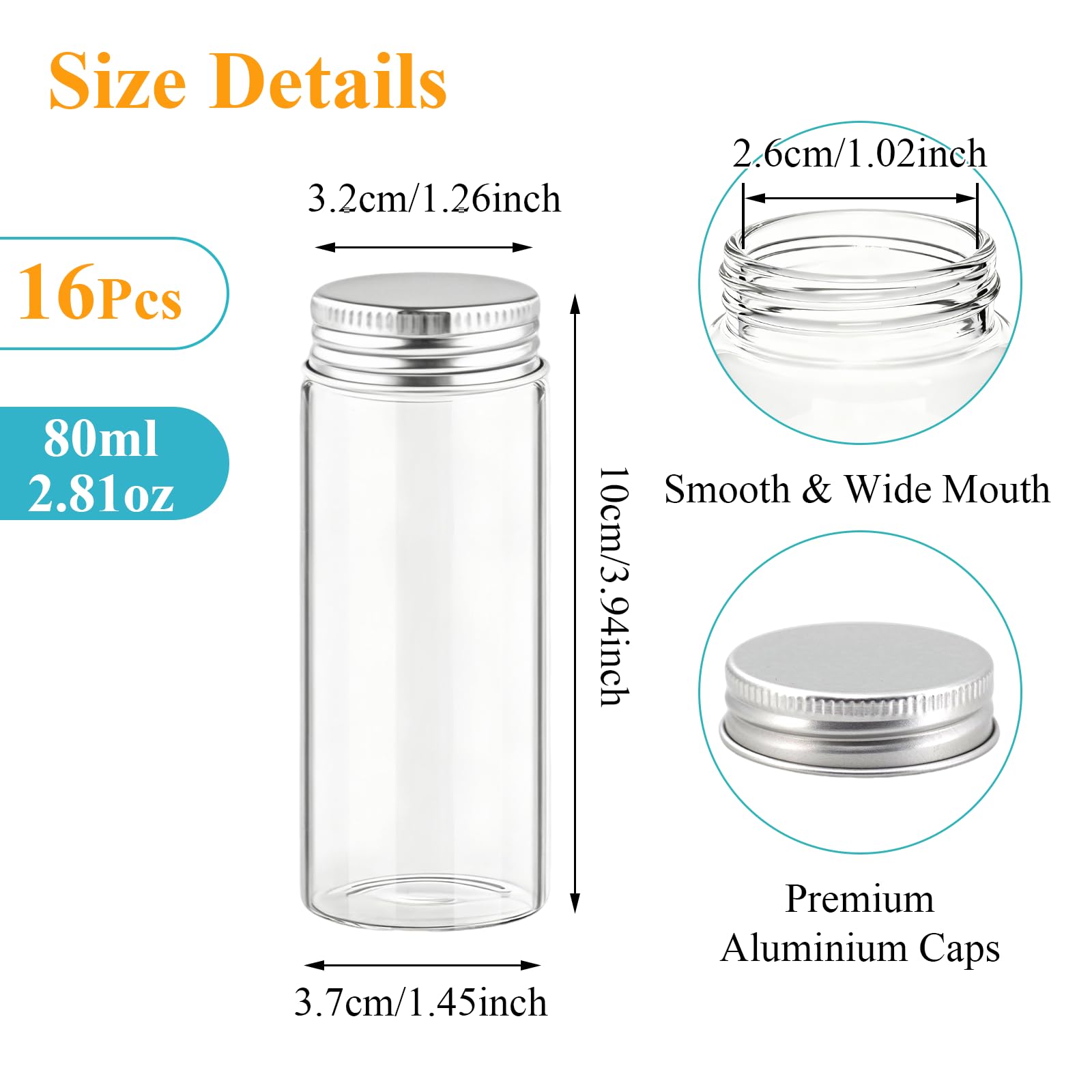 16 Pièces 80ml Tubes à Essai avec Bouchon à Vis, Mini Bouteille en Verre Petits Flacons Transparent Tube pour Liquide, Épices, Perles, Fleurs, Bonbons, bricolage, Mariages