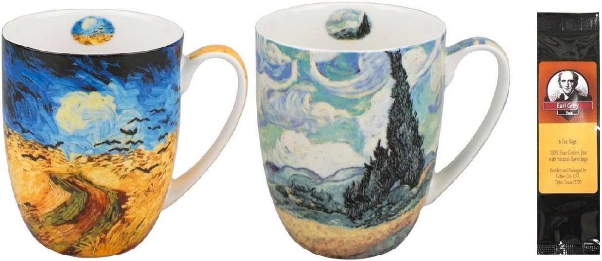 2 Coffee or Tea Mugs, Van Gogh Wheatfields in a Matching Box Bundle with 1 Package of 6 Tea Bags