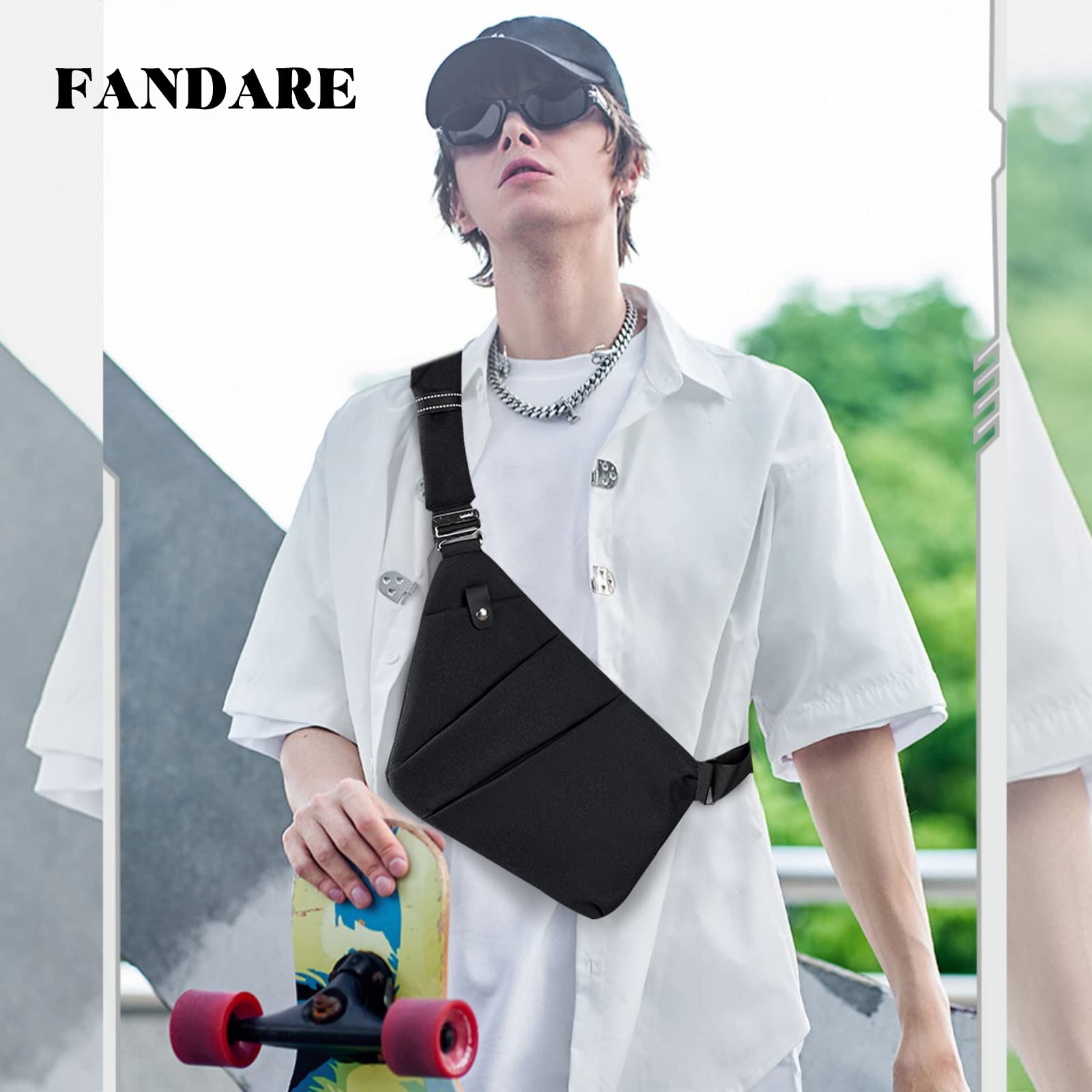 FANDARE sac Poitrine Homme Bandoulière des Sports Antivol Sacoche Femmes Epaule Sling Bag Noir