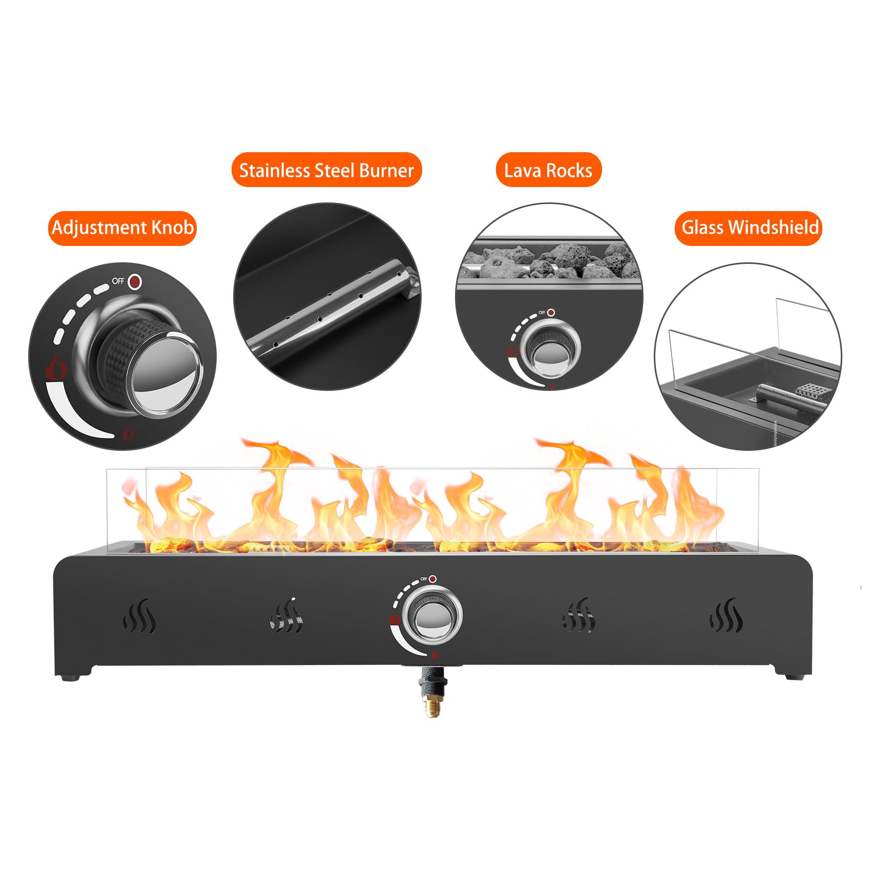 Onlyfire Braciere a gas rettangolare da tavolo, 6,5 kW, riscaldatore a gas per esterni con rocce laviche e protezione antivento in vetro, braciere a propano per patio, cortile ed esterni, montato sul