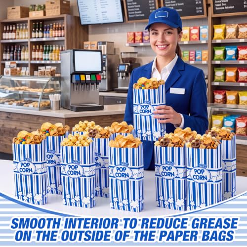 Image of Potchen 300 Pcs Popcorn Paper Bags Disposable Grease Resistant Striped Popcorn Container for Movie Night Carnival Party Theater (Blue,2 oz)
