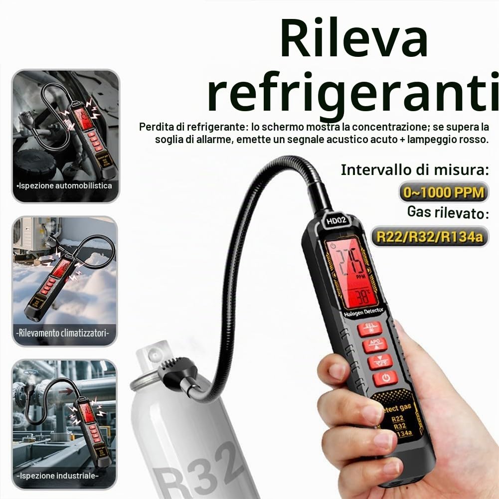 Rilevatore di perdite alogene, rilevatore di gas ricaricabile per condizionatori d'aria e sistemi di refrigerazione R22/R32/R134a, strumento professionale per tecnici HVAC (ricarica)