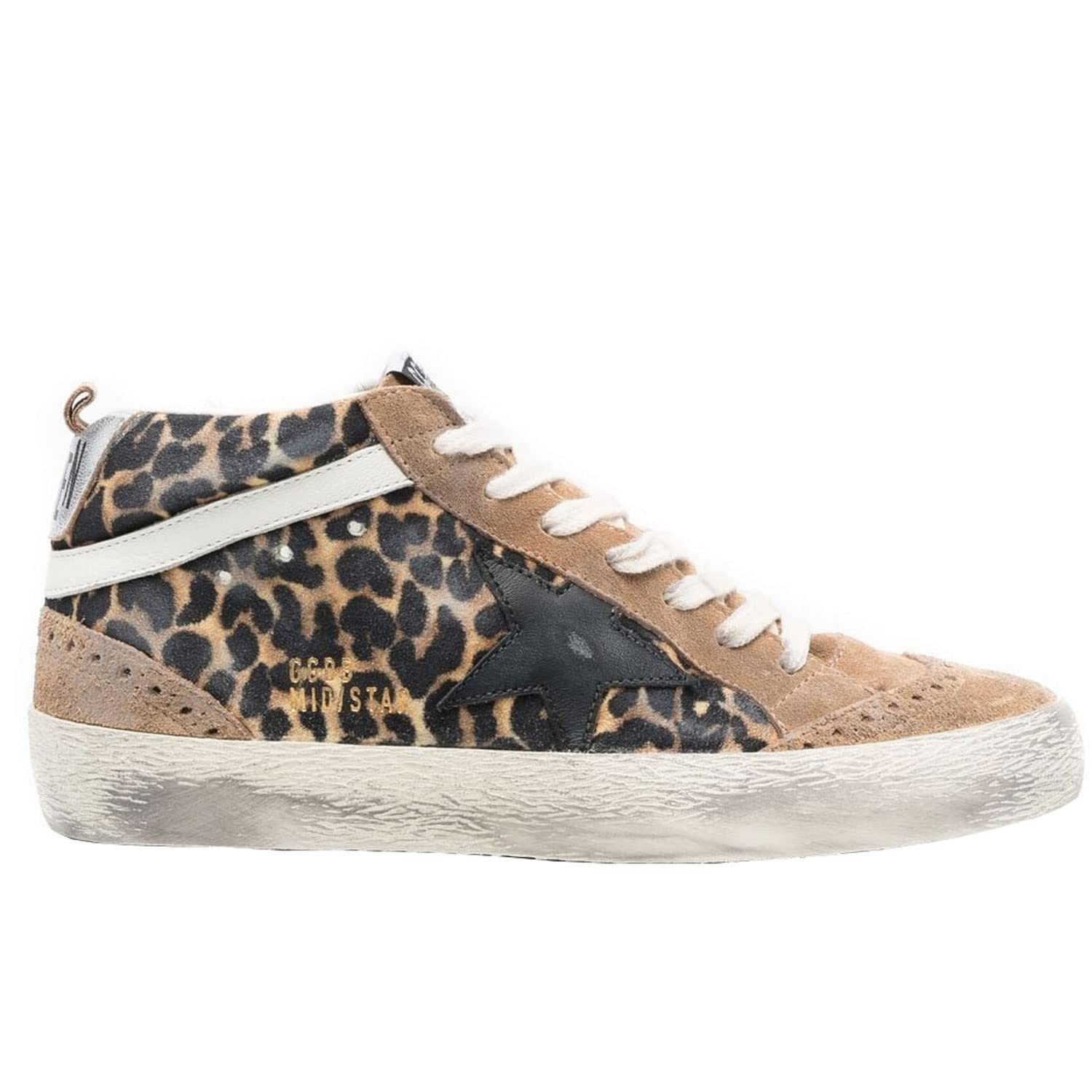 Golden Goose Mid Star Leo Star Printed Suede Upper Leather Laminated Heel Womens Distressed Sneakers - 38 EU/ 8 US Brown