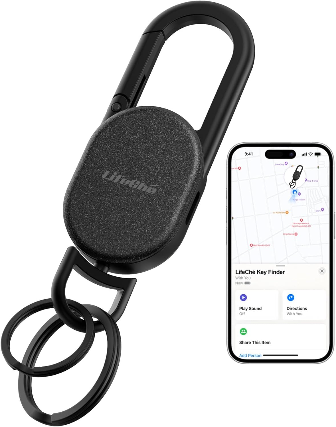 Keychain, Key Finder Built-in Anti-Loss Tracker, Heavy Duty Key Holder, Premium Stainless Steel Keychain Carabiner Car Key Chains with GPS Global Locator Tracking Waterproof Black