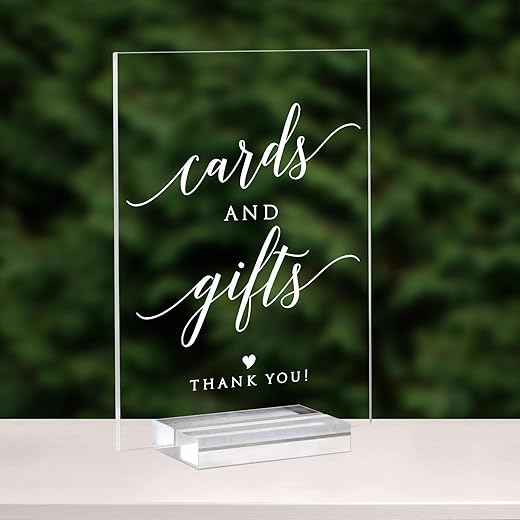 Cards and Gifts Sign for Wedding- 5x 7 Inch Clear Acrylic Wedding Sign with Acrylic Stand, Cursive Font Cards & Gifts Sign Wedding Signs for Reception, Wedding & Party Event Gift Table Decor