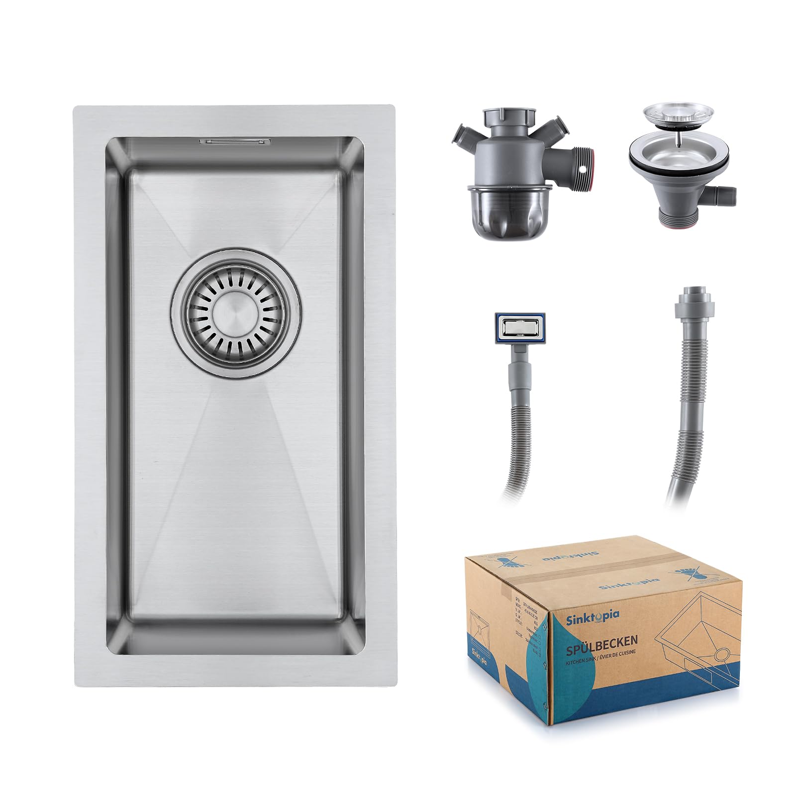 Kitchen Sink with Waste Kit, Stainless Steel 304 Undermount Thick Deep Basin Single Bowl No Tap Hole, Sinks with Strainer Overflow for Home Kitchen Campervan Utility Room Bar Brushed Stainless 25×45