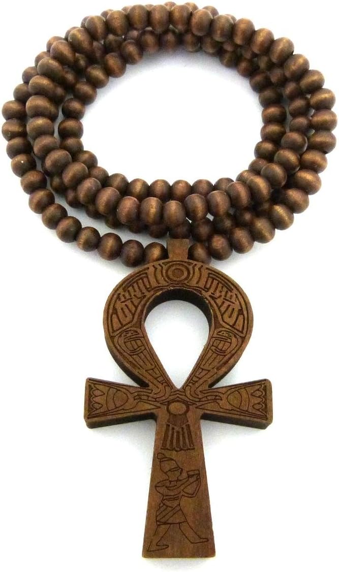 Fashion 21 Egyptian Ankh Cross Pendant 6mm 27" Stretchable Wooden Bead Necklace (3 Colors Available)
