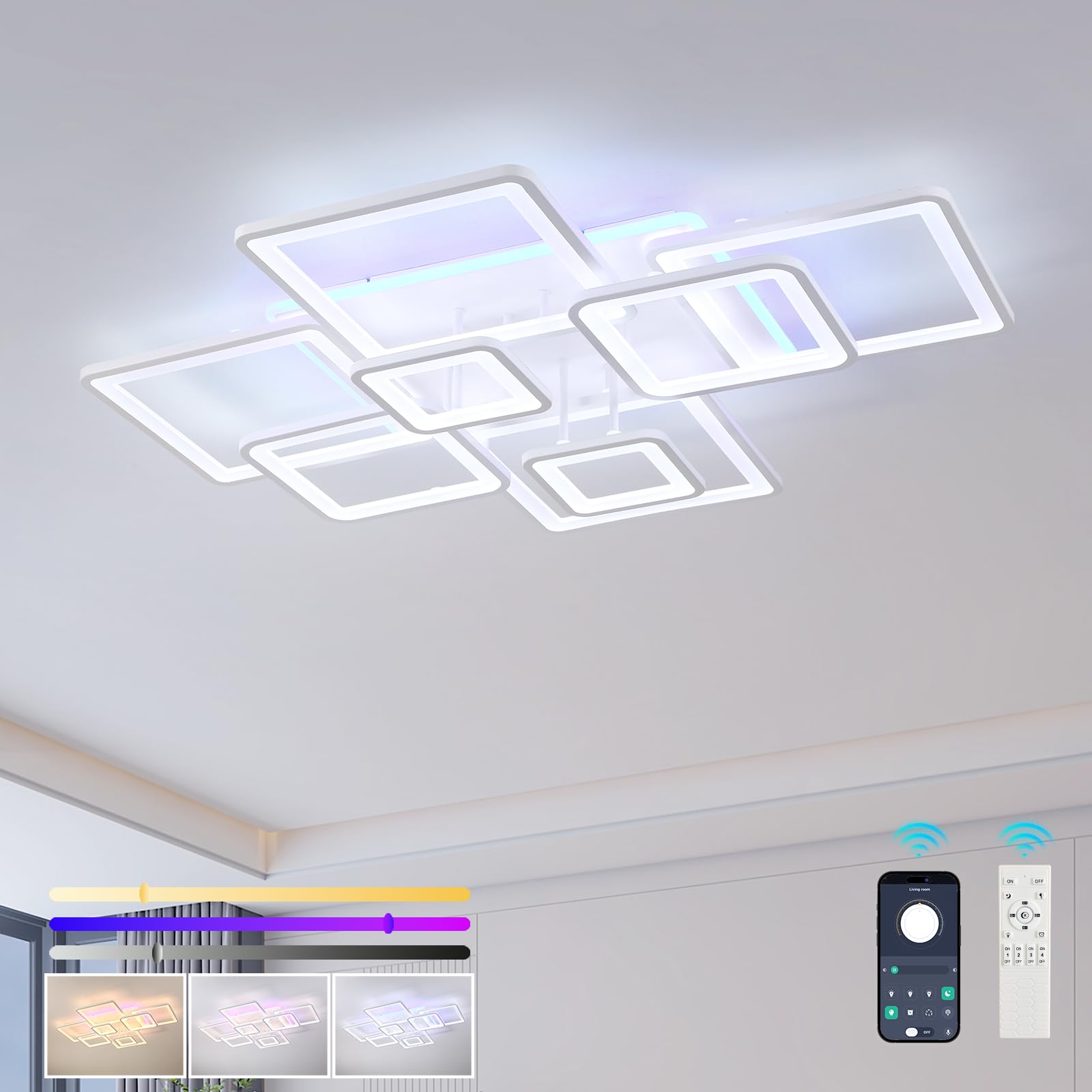 Regulable Plafones Para Techo Led 100W,Lampara Cocina de Bajo Consumo,Blanco Lampara Techo con Control Remoto,Moderno Plafon Led,Lamparas Salon 8 Luces,Plafon Cocina 3000-6000K