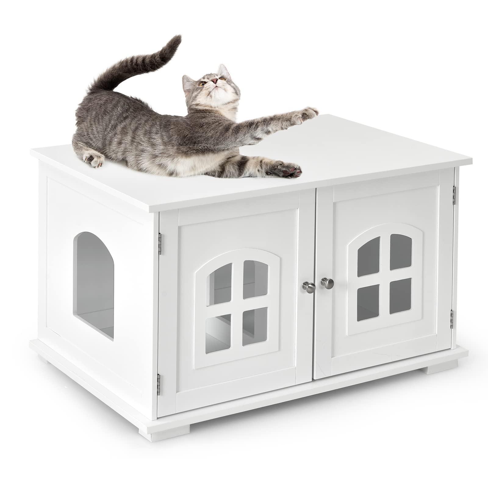 GOPLUS Casa para Gatos, Inodoro para Gatos con Separador Interior extraíble, Armario para Gatos con Orificio de Entrada y Ventana de Cruz y 2 Puertas magnéticas, 81 x 53 x 49 cm (Blanco)