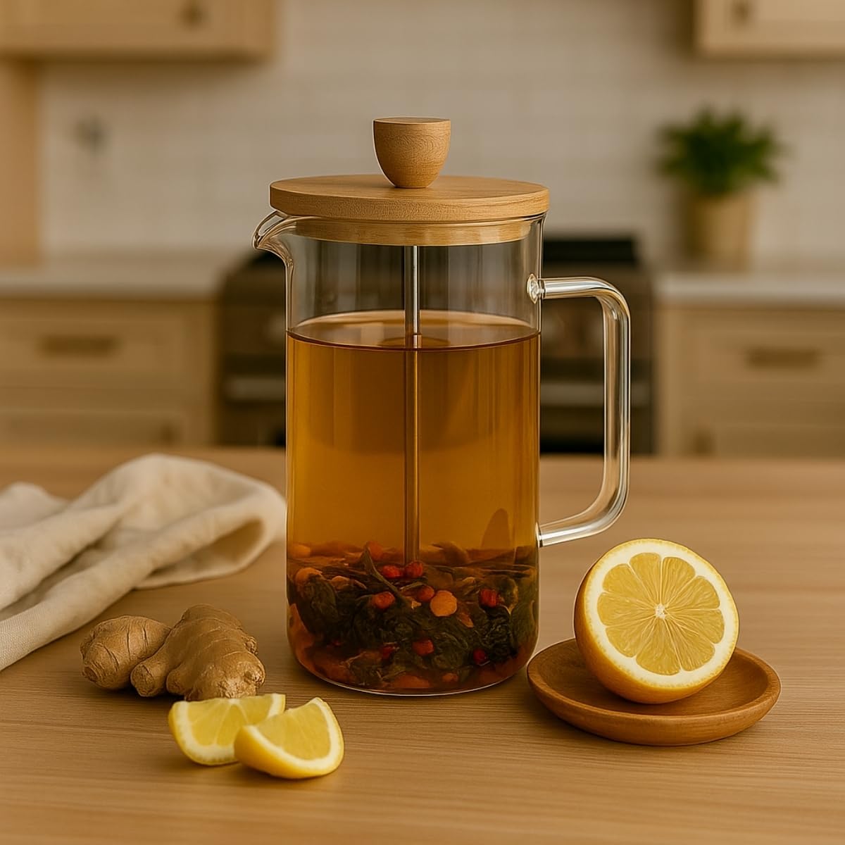Cam French Press – Isıya Dayanıklı, Bambu Kapaklı, Paslanmaz Çelik Filtreli, Şık ve Dayanıklı Kahve & Çay Demliği 1000ML (1 Litre)