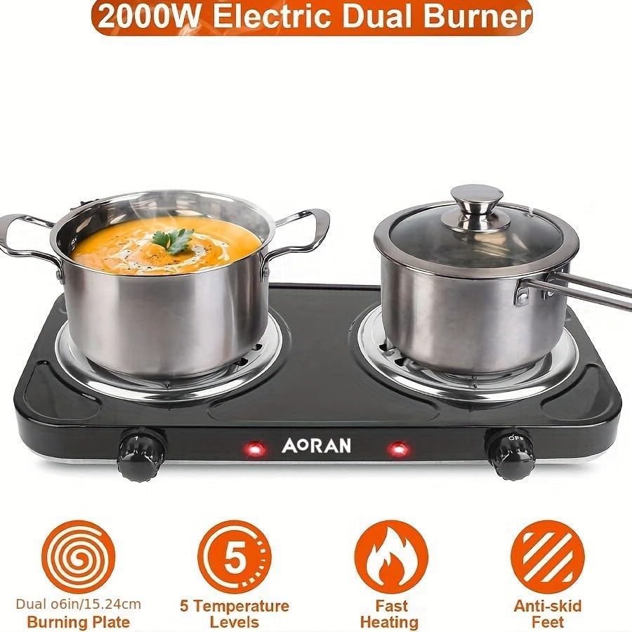 Miniatura 2 de Placa eléctrica de doble quemador, placa eléctrica portátil de 2000 W con elementos calefactores dobles y control de temperatura ajustable para el