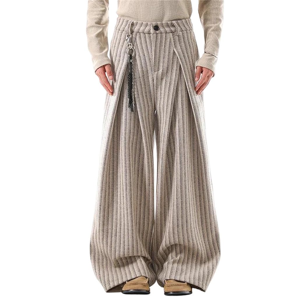 Men Pleated Wool Blend Suit Pants Contrast Stripe High Waist Wide Leg Dress Trousers