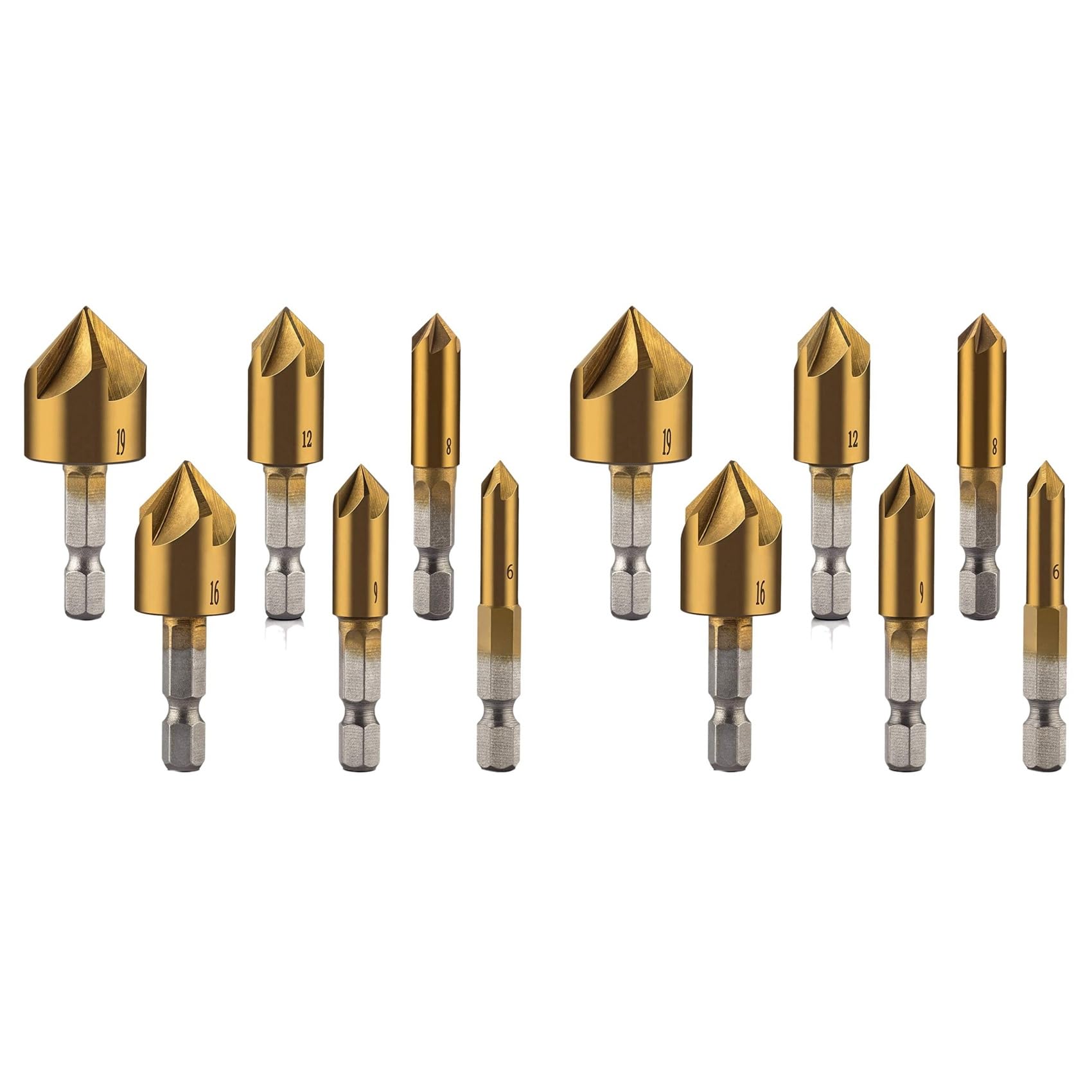 Jnchdghwa Gold 12 Pcs 1/4Inch Hex Shank Countersink Drill Bits Center Punch Set Hss 5 Flute Countersink 90 Degree