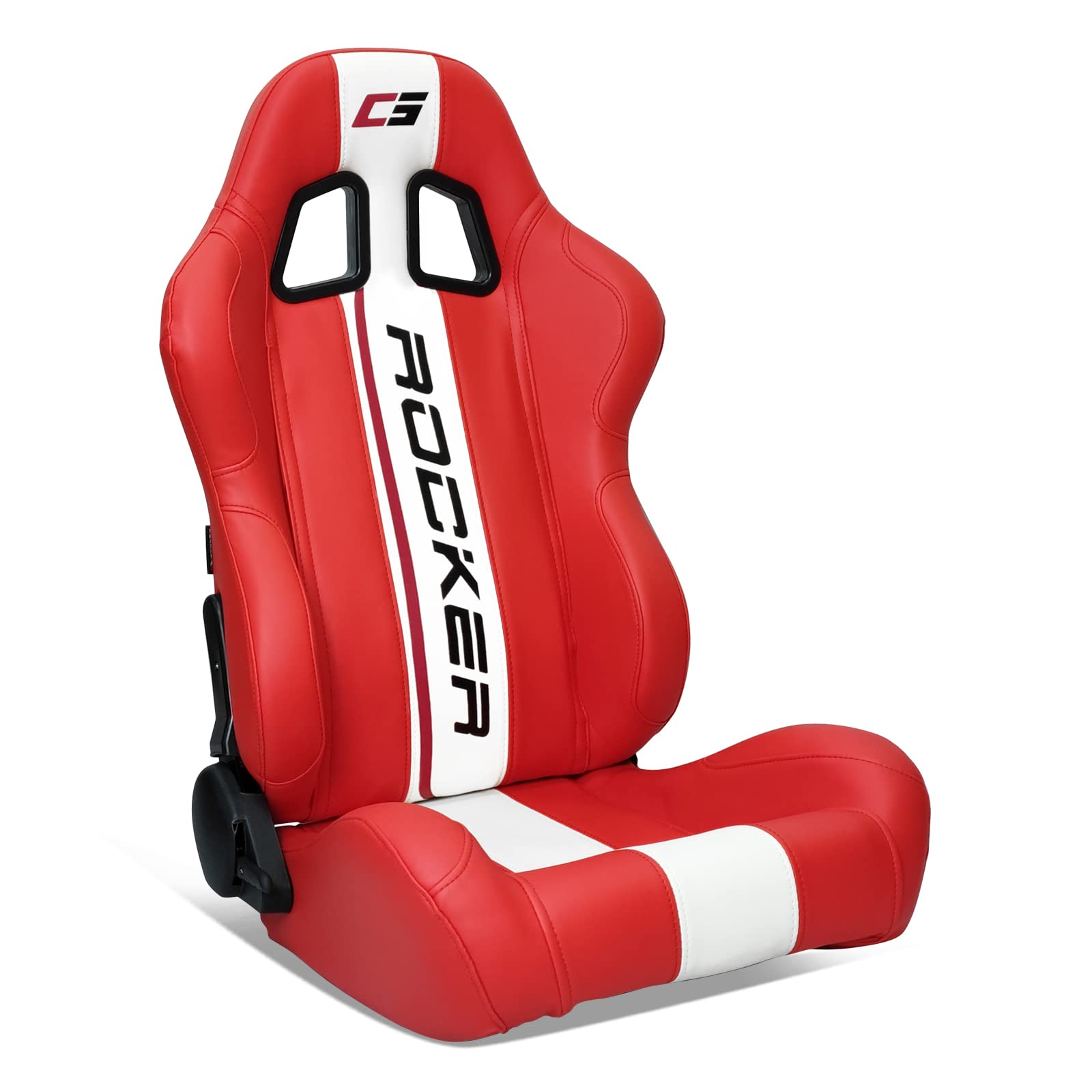 IKON MOTORSPORTS, Universal Racing Seats with Dual Sliders, Red PU Leather White Stripe Reclinable Right Passenger Side