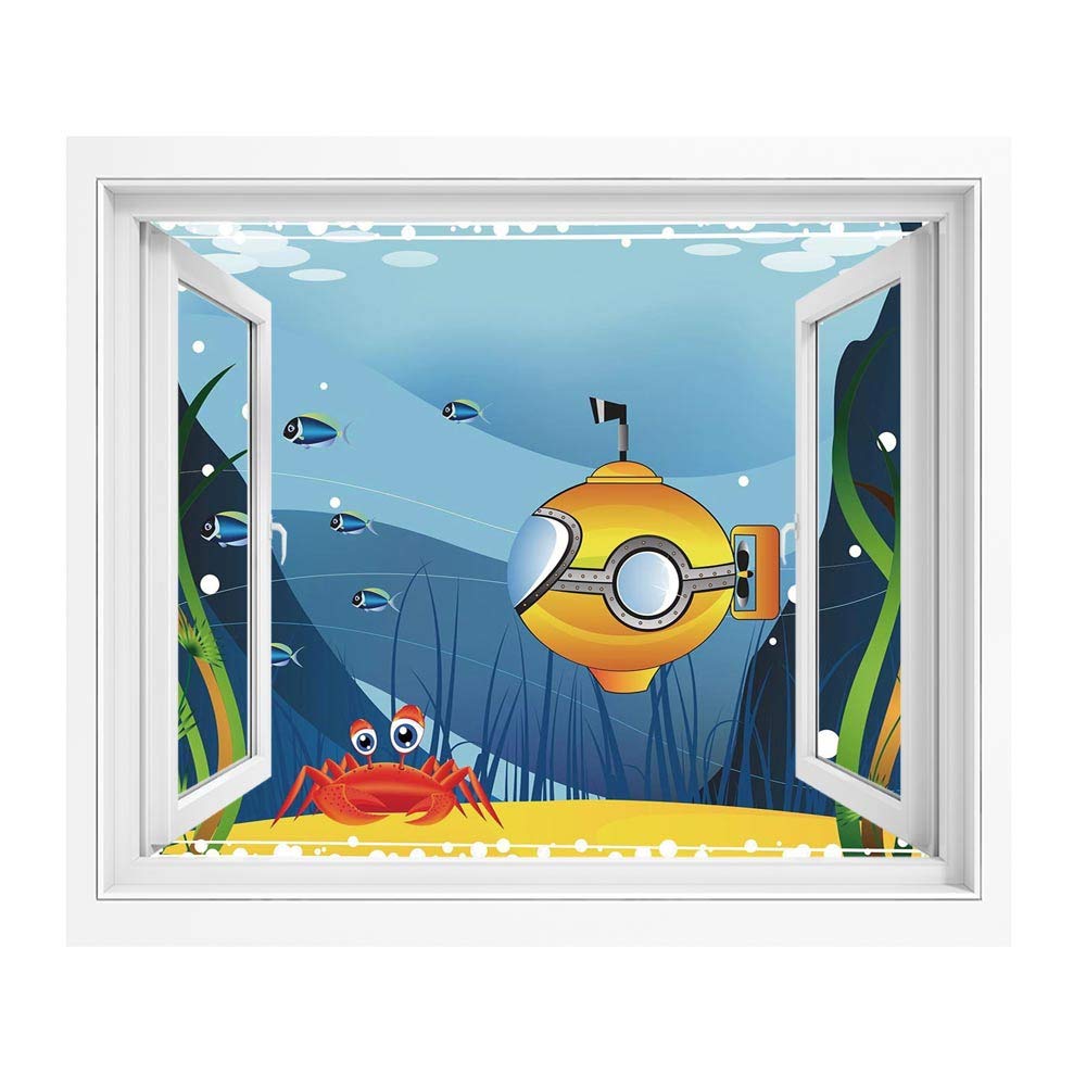Amazon 黄色の潜水艦の装飾 偽窓ステッカー ウォールステッカー Pvc壁紙シール 180x140 Cm 潜水艦のイラスト 壁紙 簡単壁紙シール 風景 景色ステッカカニと海の下の魚 ウォールステッカー オンライン通販